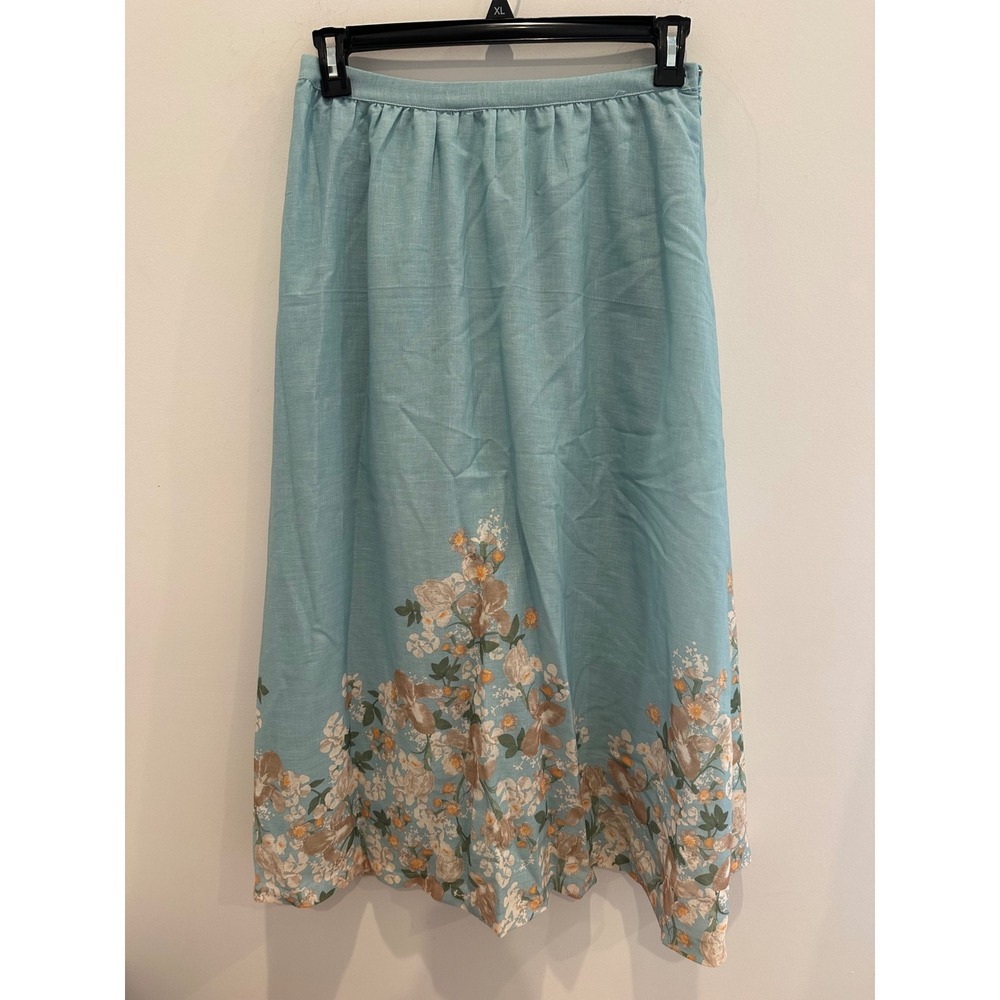 Mable Light Blue Floral Border Print Midi Skirt Aqua Tan Cream Size Medium